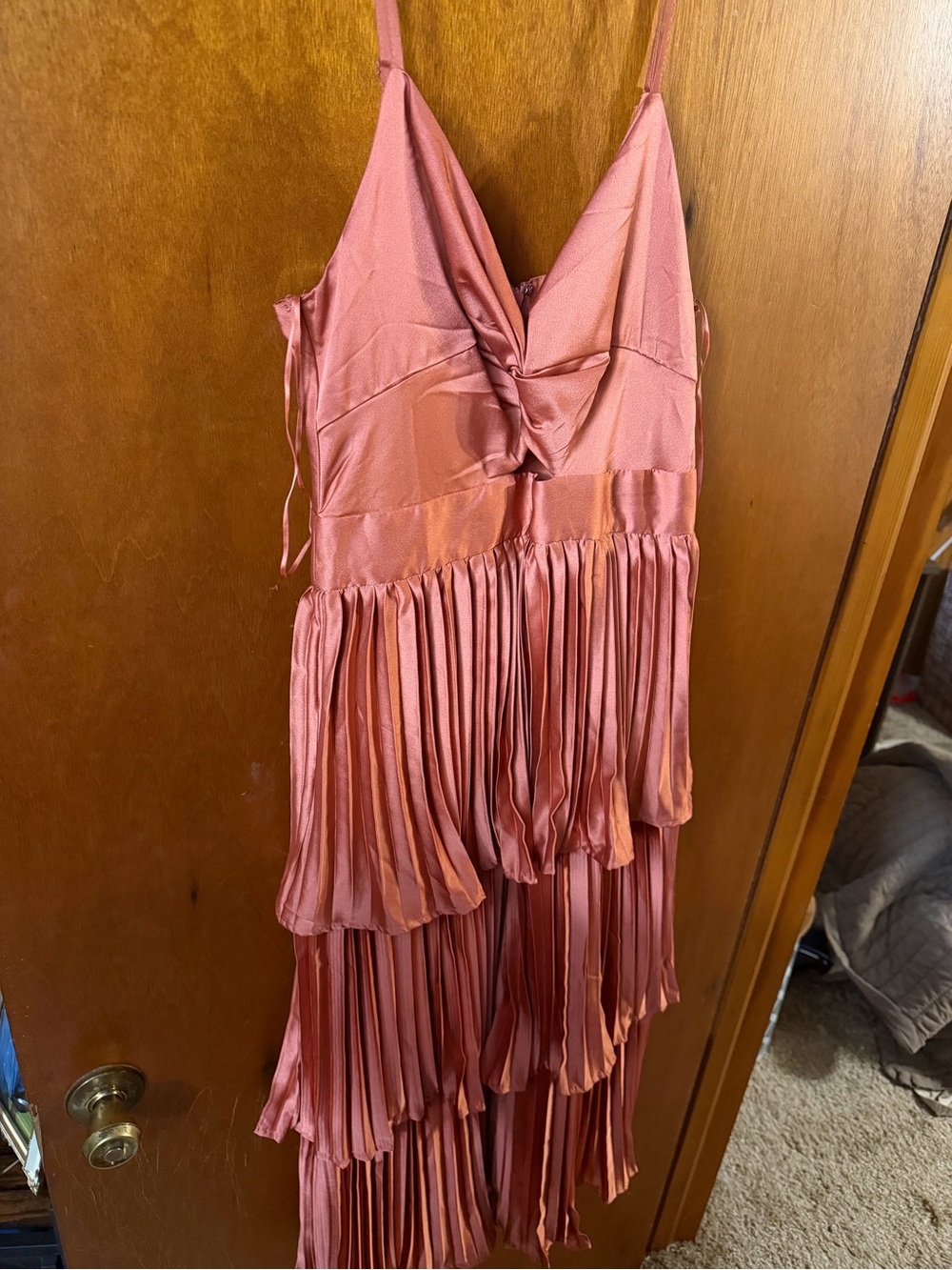 Copper Satin High-Low Tiered Slip Dress